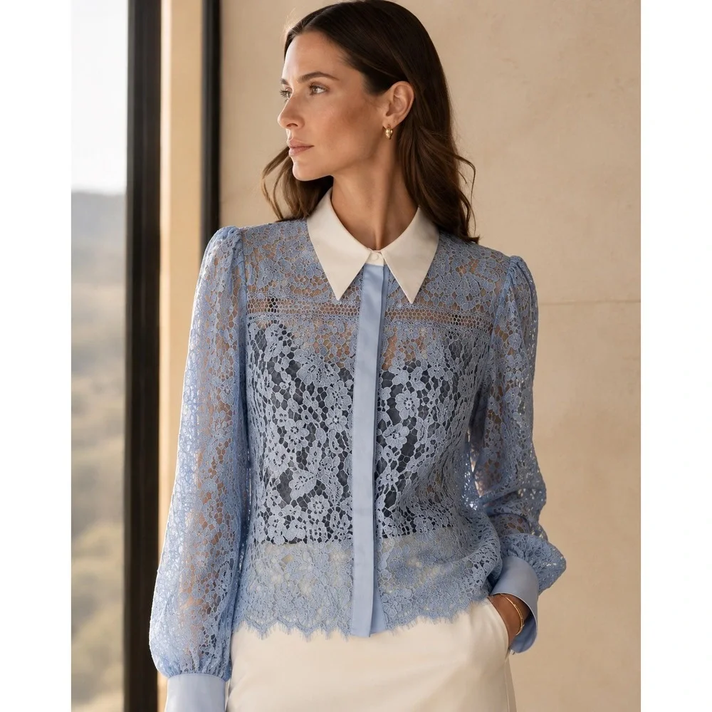 Self Portrait Blue Fine‎ Corded Lace Collared Button Up Shirt Top WOMEN 6 SHEER